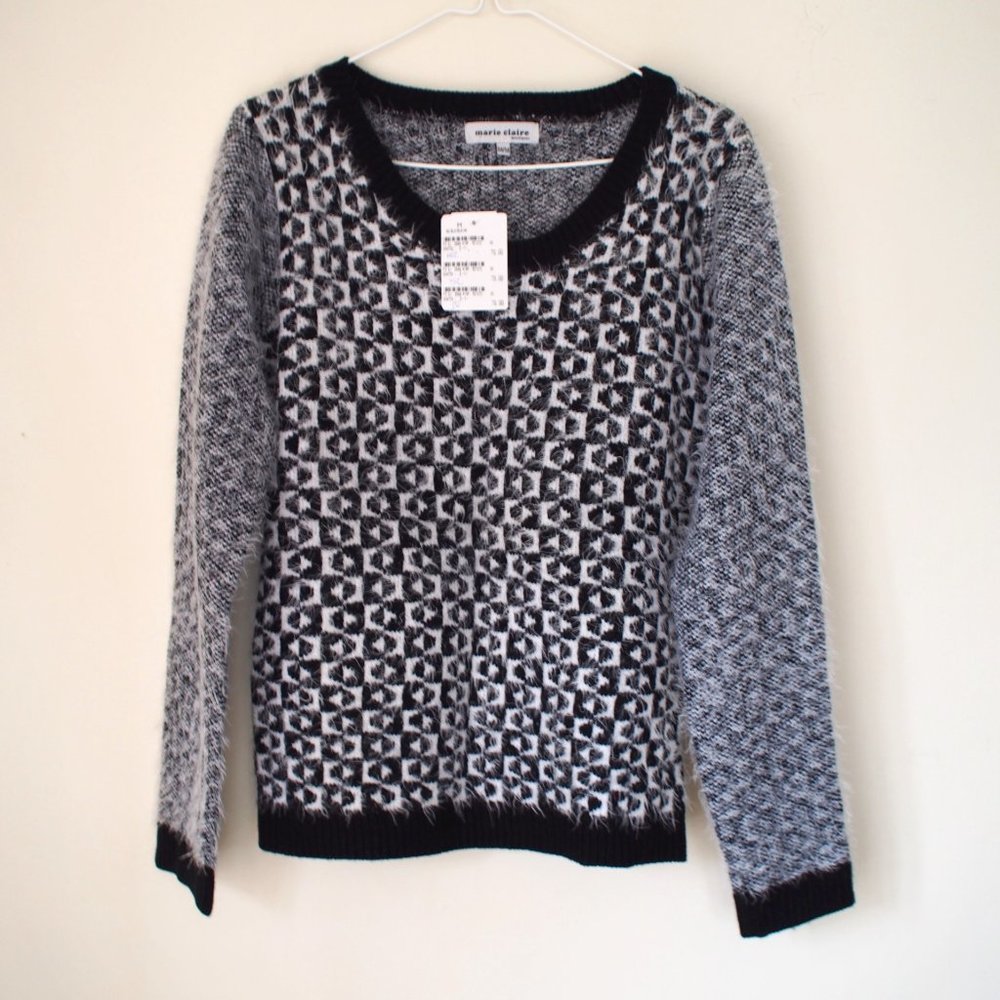 Marie Claire black and white fuzzy sweater NWT